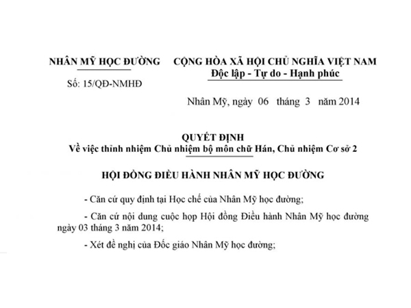 Về việc thỉnh nhiệm Chủ nhiệm bộ môn chữ Hán, Chủ nhiệm Cơ sở 2