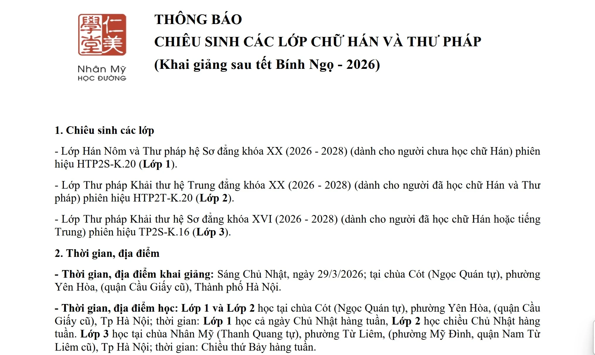 Nhân Mỹ Học Đường: Chiêu sinh các lớp chữ Hán và Thư pháp khai giảng năm 2026